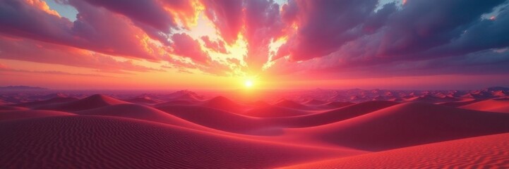 Desert sunrise with holographic horizon stretching into the sky, horizon, illusion