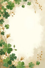 Charming watercolour shamrock on a horizontal backdrop, perfect for St. Patrick's Day greeting cards, banners, and invitations. This iconic three-leaf clover design includes generous space for text