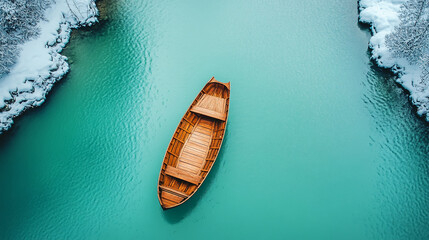 Obraz premium Wooden Boat Floating on Turquoise Water in a Snowy Winter Landscape, Top View