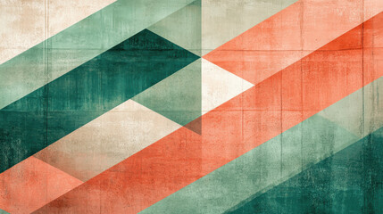Fototapeta premium A dynamic geometric artwork with overlapping panels in bold hues of emerald green, salmon pink, and soft beige. Subtle textures blend with sharp-edged forms