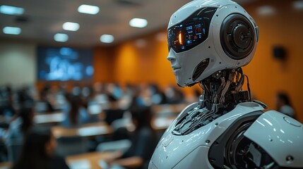 Humanoid robot teacher in hightech college classroom setting