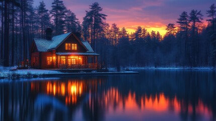 Fototapeta premium Winter cabin sunset lake reflection