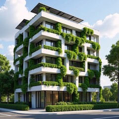 Modern eco-friendly building showcases sustainable urban development through vertical gardens  solar panels