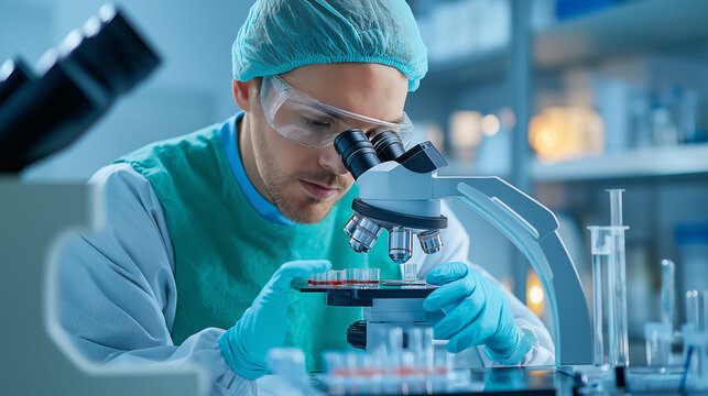 Lab technician in a biomedical laboratory analyzing samples under a microscope with volumetric lighting and high-definition textures evident on gloves and slides