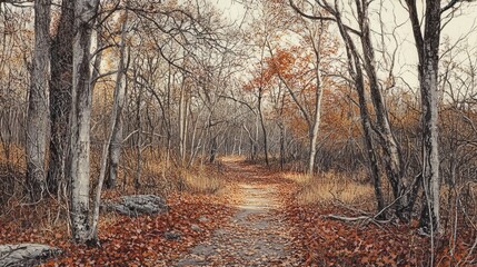 Obraz premium The path in the autumn forest is covered in fallen leaves of orange and red. The trees are bare, their branches reaching up to the sky like skeletal fingers. The air is crisp and cold,