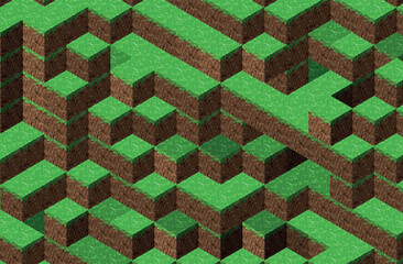 An isometric vector illustration of pixelated cubes forming a mosaic-style landscape with green grass and brown earth tones. Perfect as a wallpaper, game design element