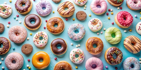 assorted donuts on pastel blue background, assorted treats, sugary delights