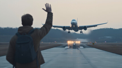 Excited Passenger Waves Goodbye to Aircraft at Airport Runway During Evening Takeoff