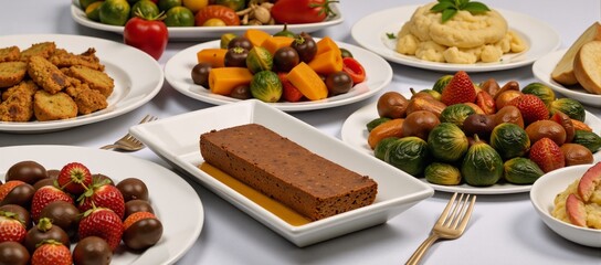 A Vegan Thanksgiving spread with roasted veggies mashed potatoes lentil loaf  vegan desserts