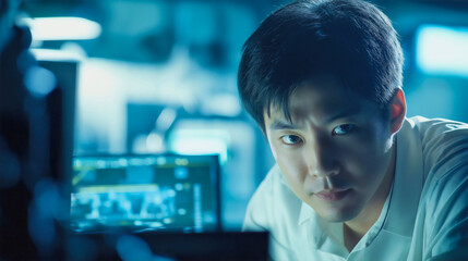 Professional Hacker Portrait in Tech Workspace with Laptop and Blue Lighting