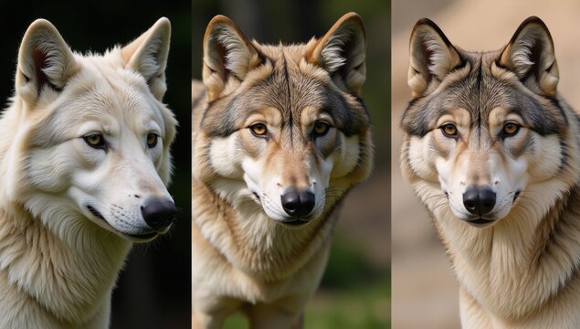 Detailed portrait highlights various wolf species with focus on unique coat colors and postures Wildlife - Wolves