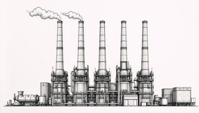 Ink sketch highlighting sustainable energy generation at a modern power station