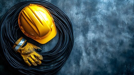 Yellow hard hat rests with work gloves on coiled black electrical cable, representing industrial safety theme against concrete floor with professional lighting.