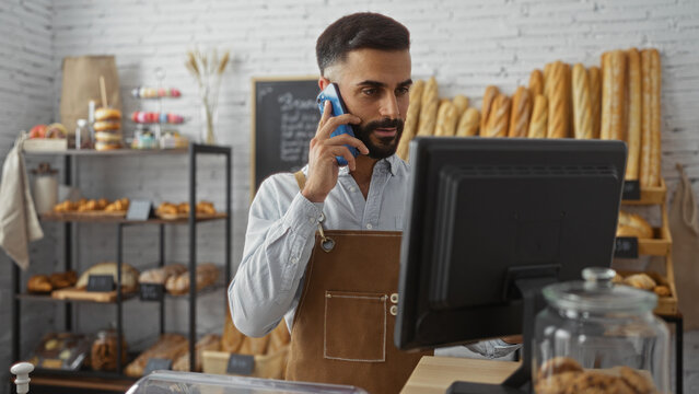 Young hispanic man with beard in bakery talking on phone and working at computer surrounded by fresh bread