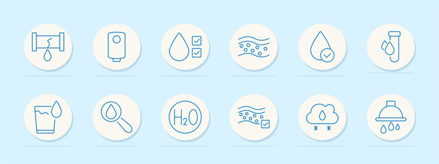 Water quality set icon. Leakage, heater, drop check, contamination, filtration, laboratory, drinking water, research, purification, climate, shower
