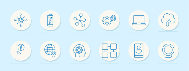 Digital technology set icon. Innovation, battery, networking, gears, laptop, cloud computing, eco energy, global positioning, AI, blockchain, smartphone, webcam