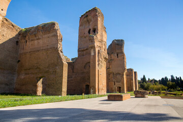 Roman ruins at the Baths of Caracalla located in Rome, Italy. Today this Roman public baths, or...