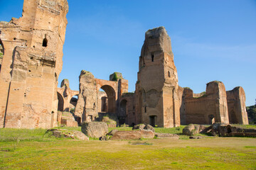 Roman ruins at the Baths of Caracalla located in Rome, Italy. Today this Roman public baths, or thermae, are a tourist attraction.