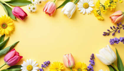 Vibrant spring flowers arranged on pastel yellow background, celebration