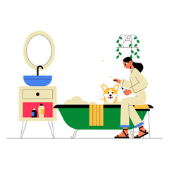 Woman Bathing Corgi Dog In Flat Vector Illustration Symbolizing Pet Hygiene, Dog Bathing, And Grooming, Isolated On White Background
