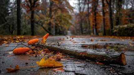 Broken tree branch on cracked pavement surrounded by scattered leaves and debris, depicting aftermath of strong winds and stormy weather, environmental damage concept.