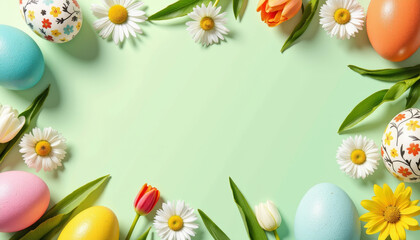 Colorful Easter-themed frame with painted eggs and flowers, festive design