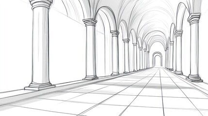 A linear perspective of a grand hallway with columns and arches.