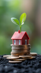 Red house model with green sprout growing on stacks of coins represents real estate investment and financial growth