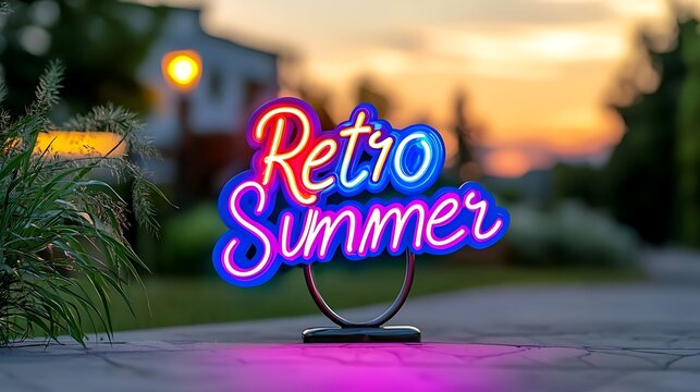 Vibrant Retro Summer Neon Sign at Sunset