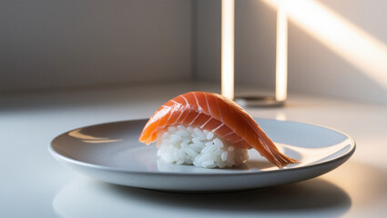 A close-up of a single piece of sushi, such as salmon nigiri, placed on a sleek white ceramic plate. The glossy fish glistens with freshness, and the rice is perfectly shaped. 