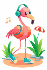 Flamingo with headphone, summer season, 3d rendering.