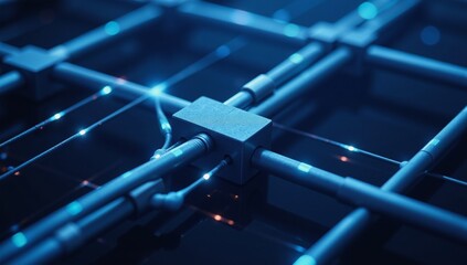 An abstract blue tech pattern symbolizes a secure network data flow connection