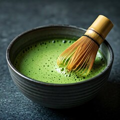 A frothy Matcha Latte in a bowl with a bamboo whisk, AI Generated