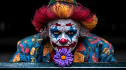 Creepy clown peering, flower, dark background, Halloween