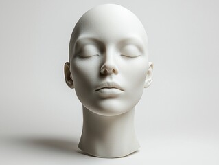 Bald silicone mannequin head is positioned upright against clean white background. Soft lighting enhances contours and details creating sleek modern aesthetic.