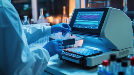 A close-up of a researcher using a high-tech PCR machine with a modern lab setting in the background, Scientific style, photo of