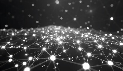 Abstract network, glowing nodes, interconnected web, black and white, high contrast, futuristic connections, digital synapses, geometric patterns