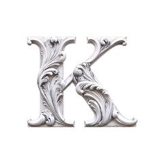 A marble-style letter K with intricate bas-relief floral and scroll patterns, evoking classical Greek or Roman elegance. Subtle cracks add an antique charm, enhancing its timeless artistry