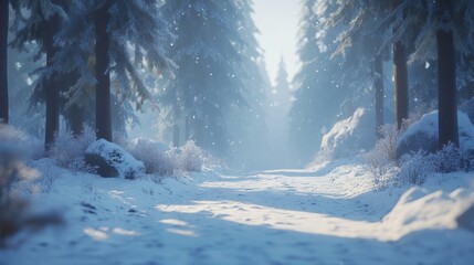 Fototapeta premium Snowy forest path with fir trees and blue sky