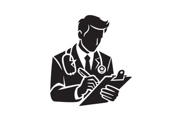 simple and subtle vector silhouette of a doctor writing prescription in black and white, set against a white background. 