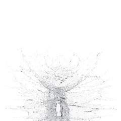 A powerful energetic splash of clear liquid captured mid-air bursting upwards and outwards creating countless droplet