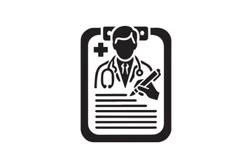simple and subtle vector silhouette of a doctor writing prescription in black and white, set against a white background. 