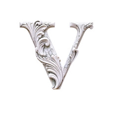 A marble-style letter V with intricate bas-relief floral and scroll patterns, evoking classical Greek or Roman elegance. Subtle cracks add an antique charm, enhancing its timeless artistry