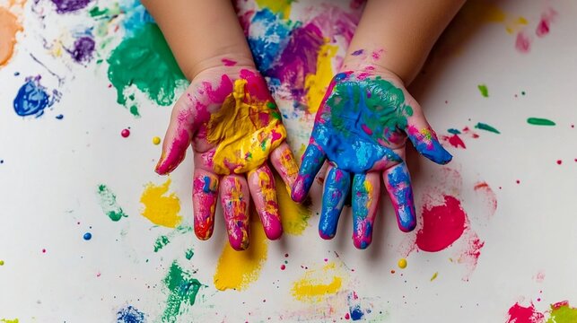 Colorful hands covered in vibrant finger paint shown against white paper with paint splatters, representing creativity, childhood joy, and artistic expression in early education.