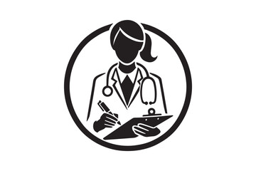 simple and subtle vector silhouette of a doctor writing prescription in black and white, set against a white background. 