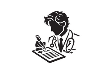 simple and subtle vector silhouette of a doctor writing prescription in black and white, set against a white background. 