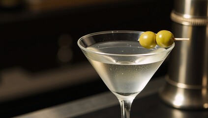 Classic martini cocktail with green olives in a bar setting ideal for events