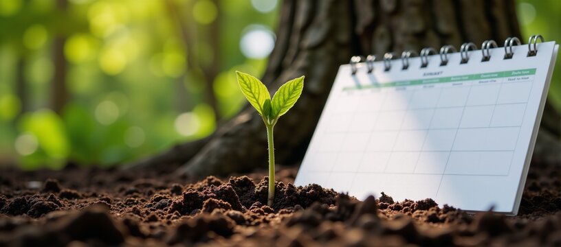 Young plant grows amidst calendar depicting sustainable development through natural progression