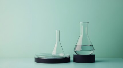 Minimalist laboratory setup featuring a petri dish, boiling flask, beaker, and flask arranged on a pastel green background with ample space for text or design, ideal for science-themed projects and cl