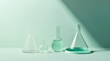 Minimalist laboratory setup featuring a petri dish, boiling flask, beaker, and flask arranged on a pastel green background with ample space for text or design, ideal for science-themed projects and cl